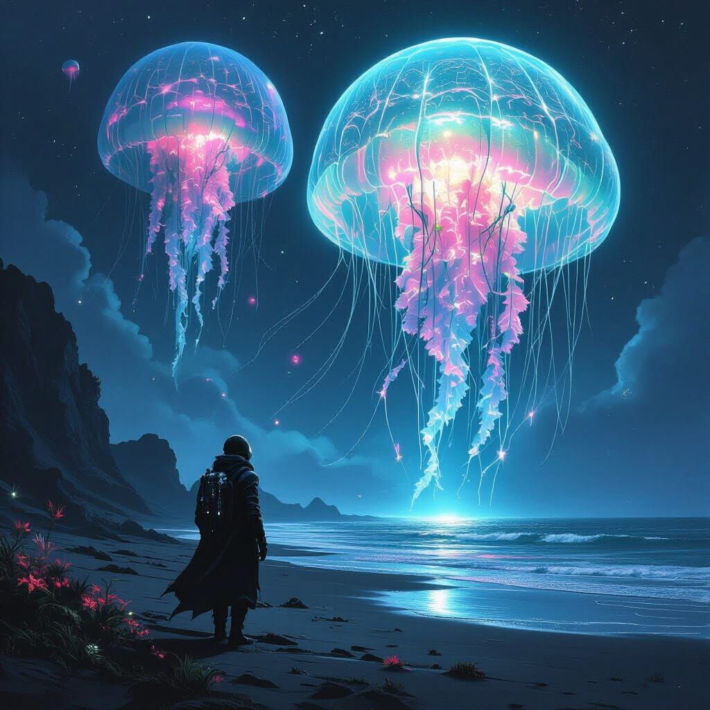 Bioluminescent Jellyfish Over Alien Beach in Cyberpunk Style