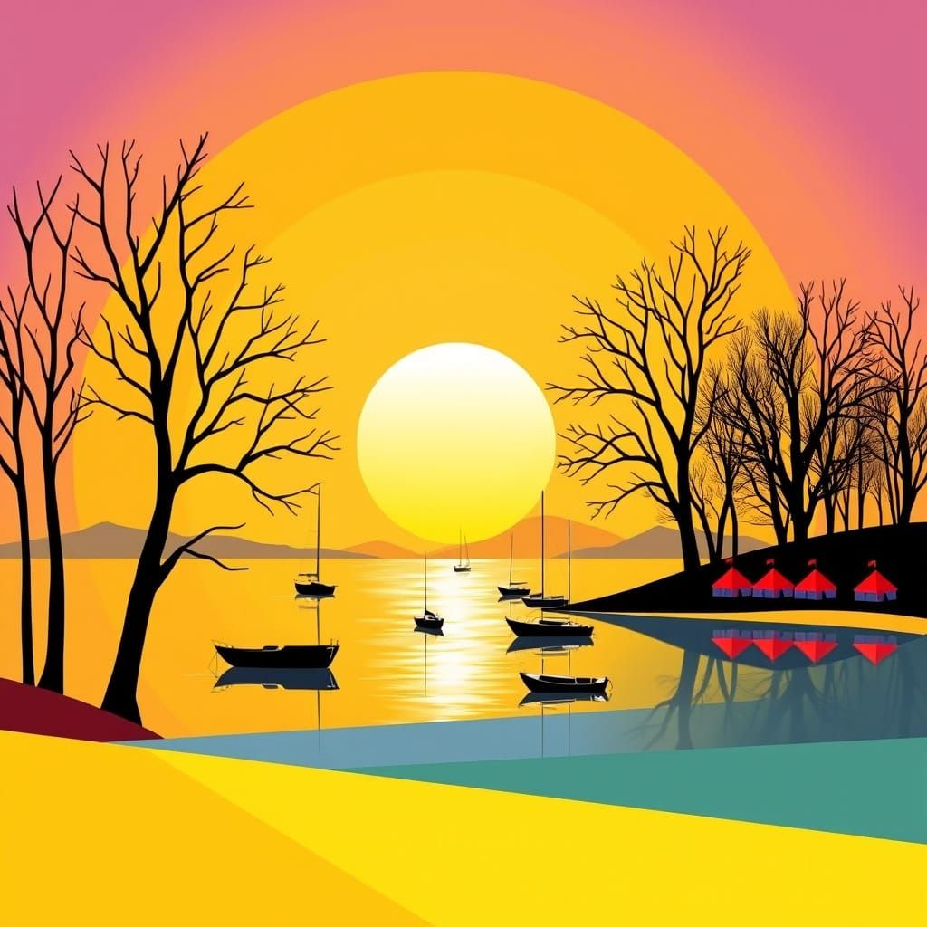 Abstract Sunset Landscape with Silhouetted Trees