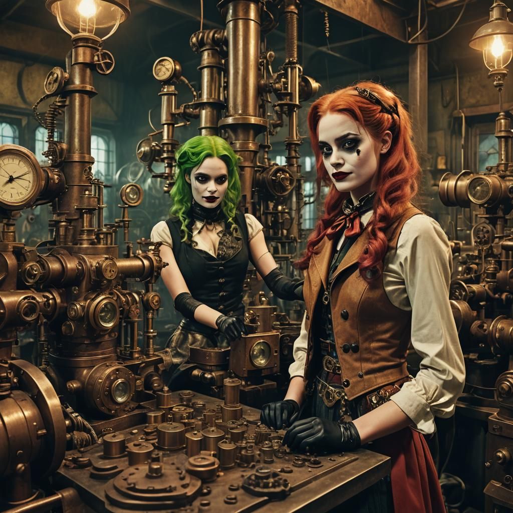 Steampunk Harley Quinn and Poison Ivy in Laboratory