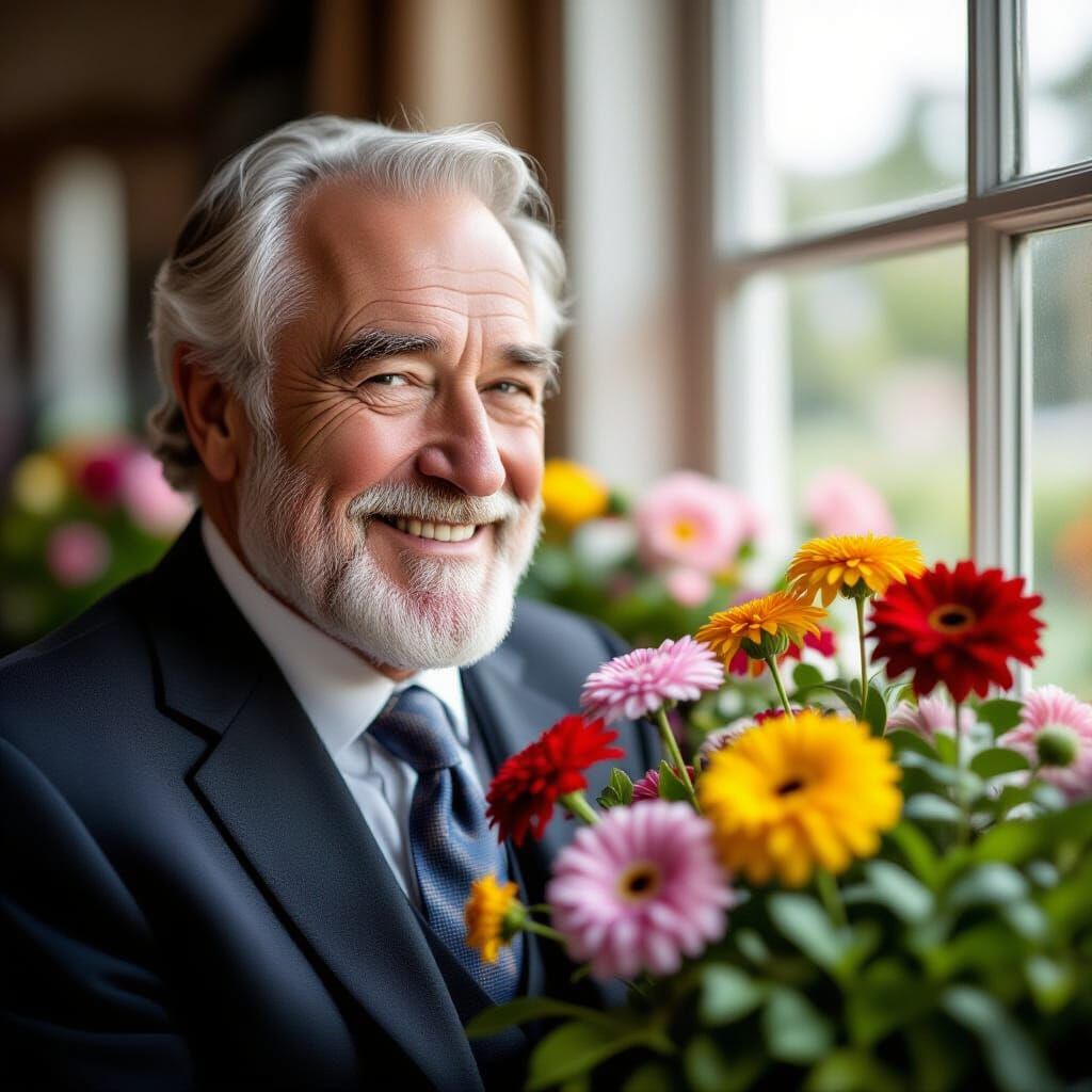 Smiling Old Man Admiring Flowers: Portrait Photography