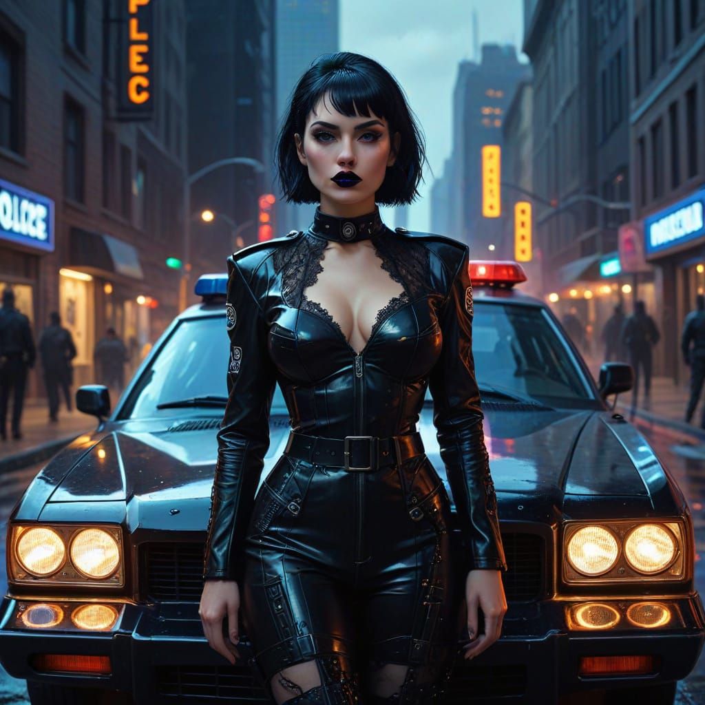 Goth Policewoman in Neon Cityscape