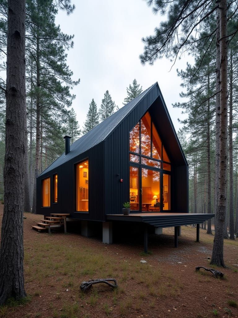 Modern Cabin in Remote Forest at Early Evening