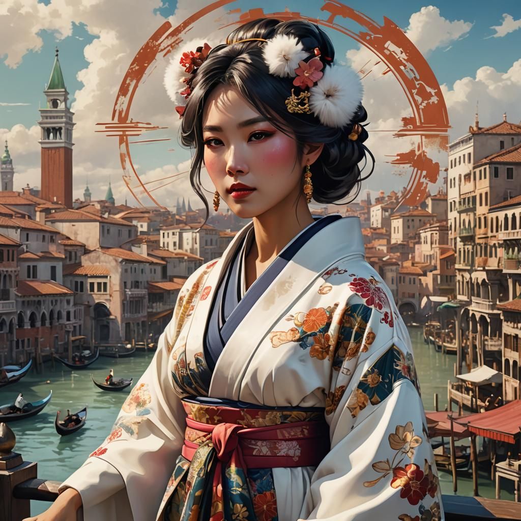 Asian Beauty in Venice, Alfons Mucha Style