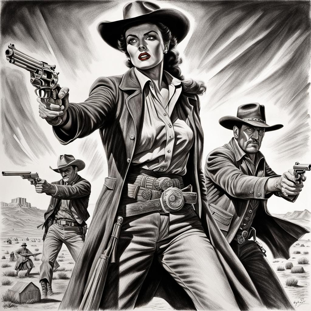 Western Gunslinger Duel in Charcoal Drawing