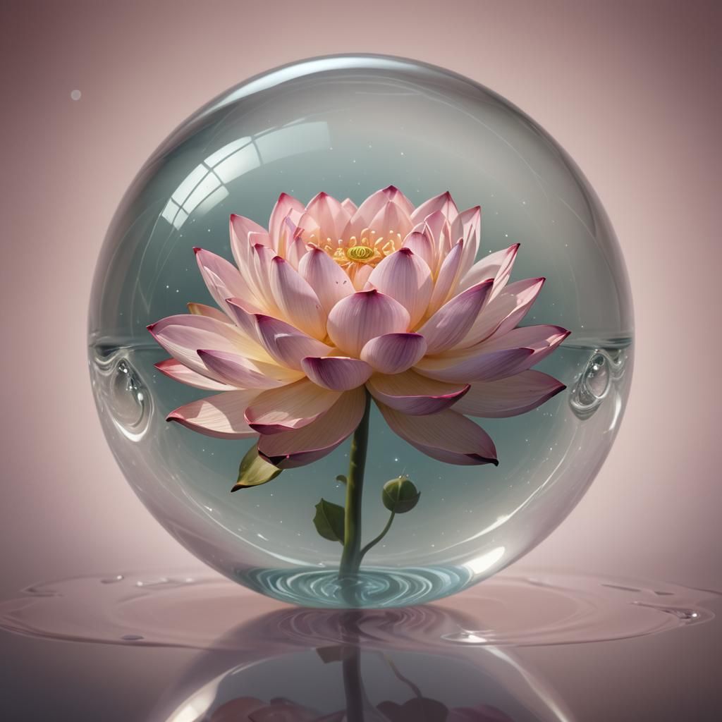Dreamlike Lotus Flower in Glass Orb, Surreal Digital Art