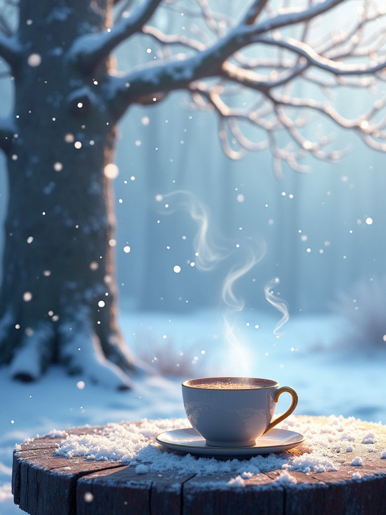 Winter Scene: Hot Chocolate and Snow-Covered Tree