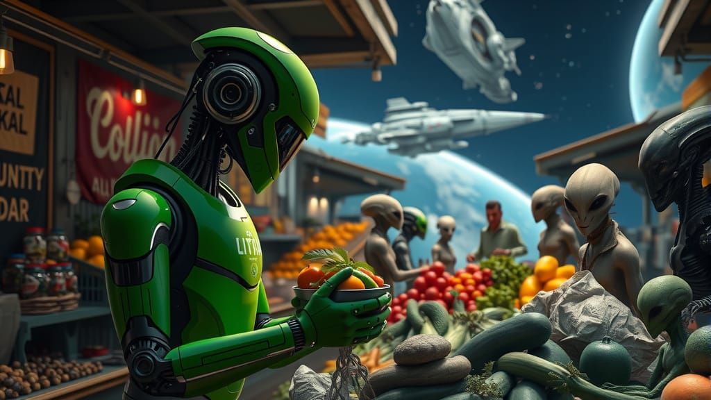 Photorealistic Robot Weighing Vegetables in Alien Market