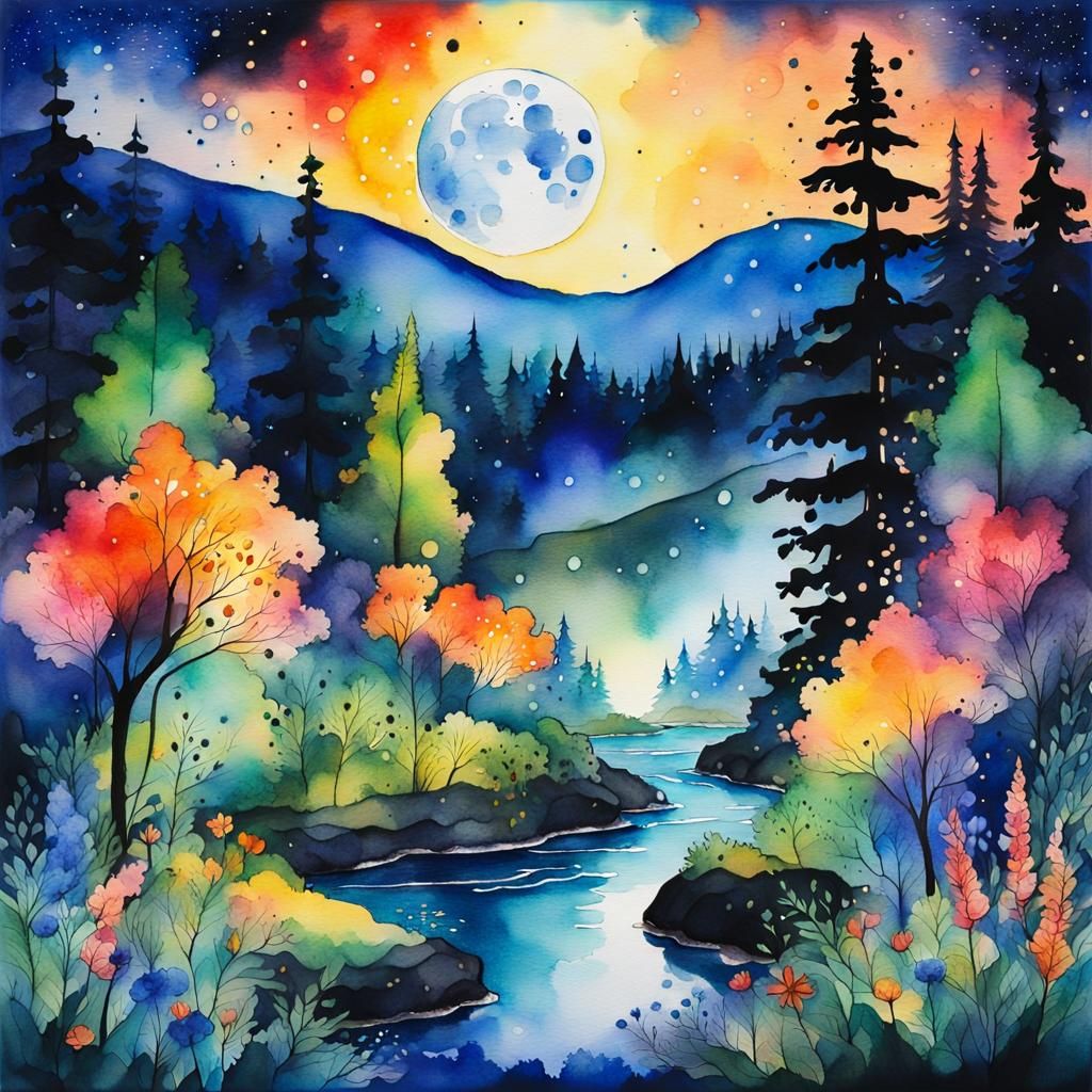 Lush Moonlit Forest Landscape in Watercolor