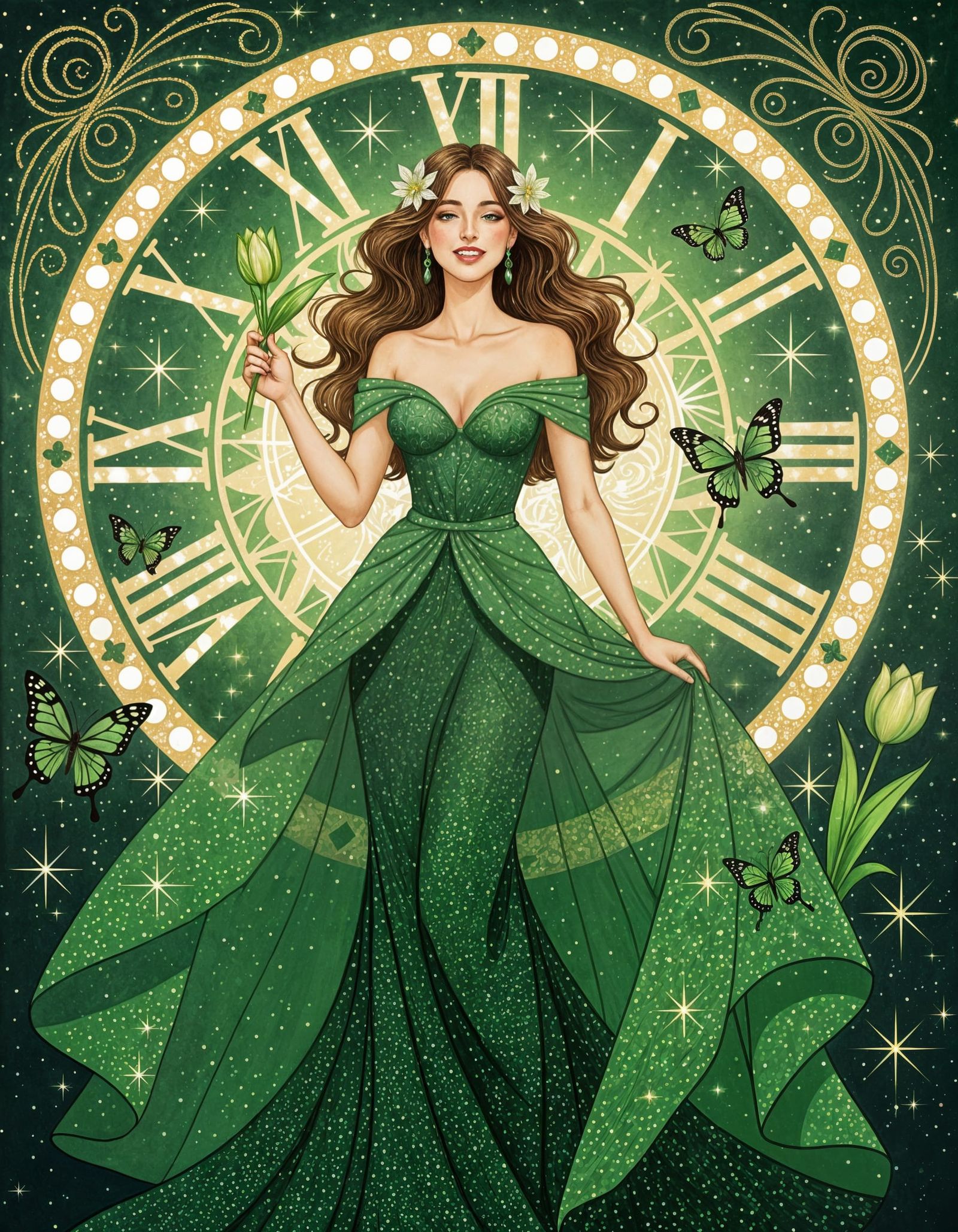 Art Nouveau Watercolor Woman with Glittering Gown and Tulip