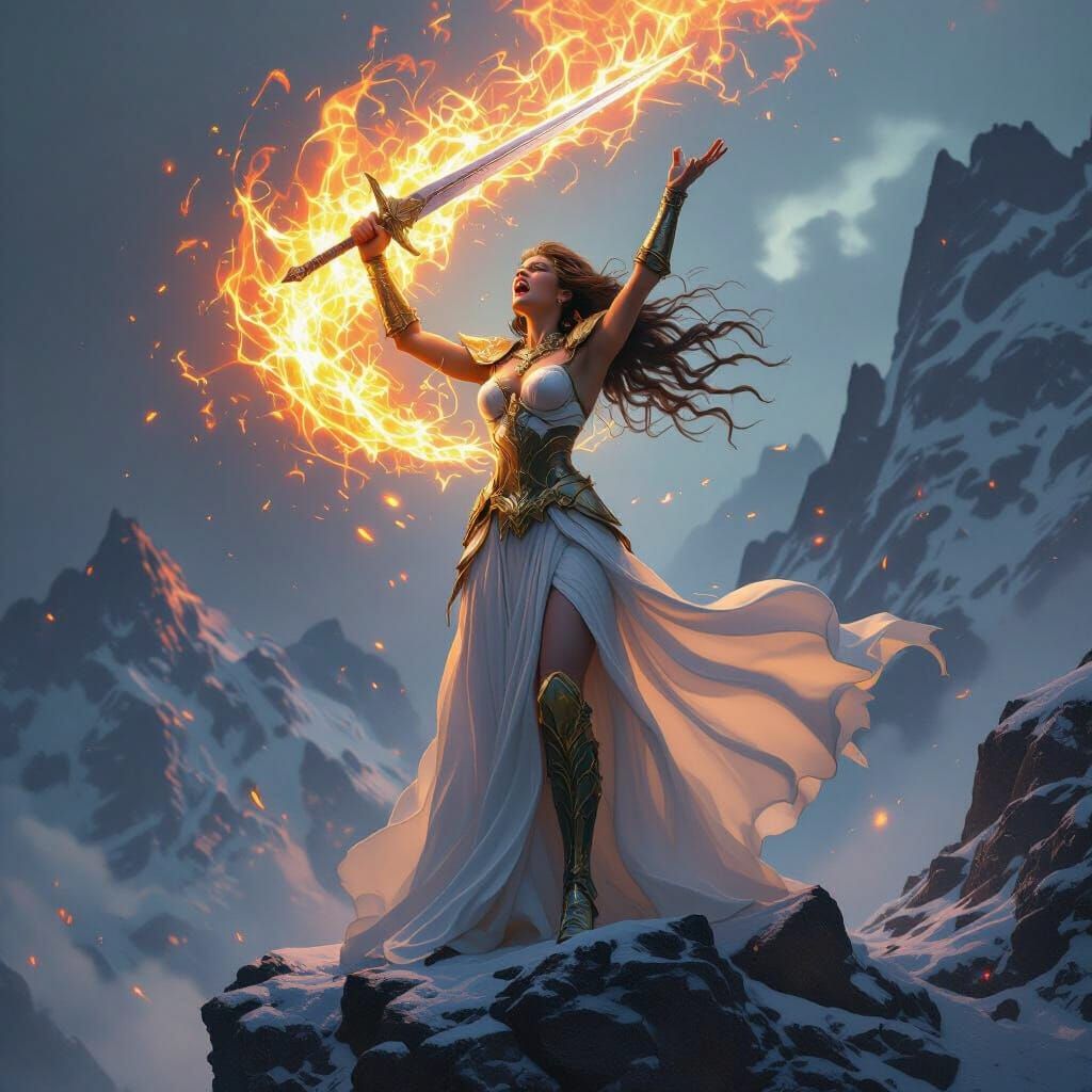 Furious Ice and Fire Goddess on Cliff with Sword