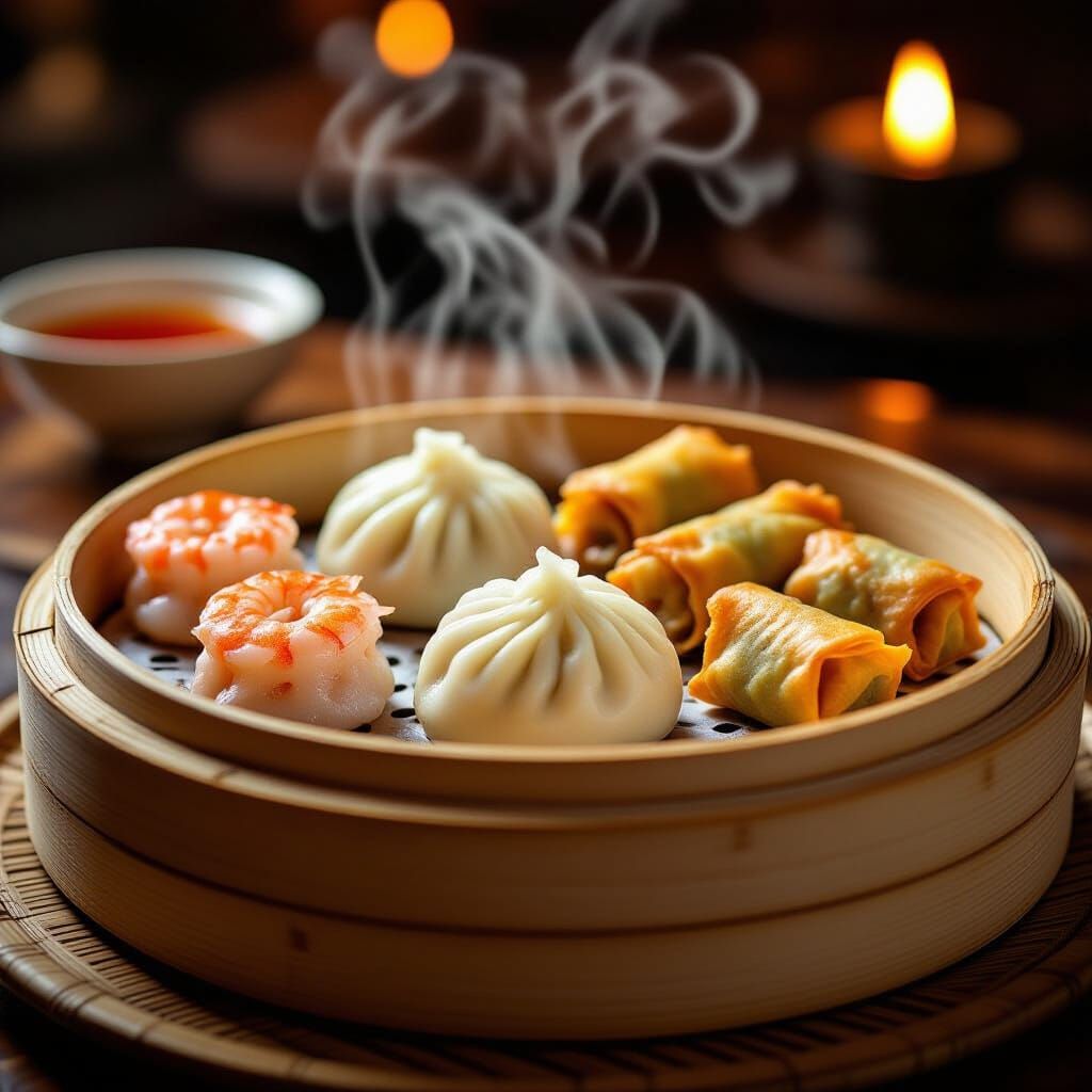 Steaming Dim Sum Platter with Shrimp Har Gow and Char Siu Ba...