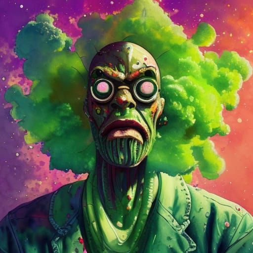 Green Cyborg Portrait in Impressionist Watercolor Style