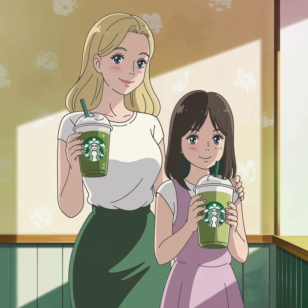 Blonde Woman and Girl Enjoy Refreshing Drinks in Cozy Starbu...