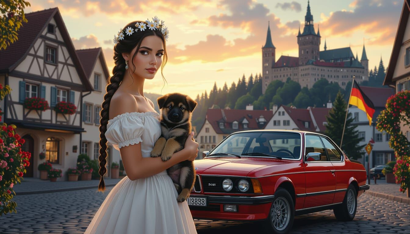 Beautiful Woman with Edelweiss Crown and Puppy
