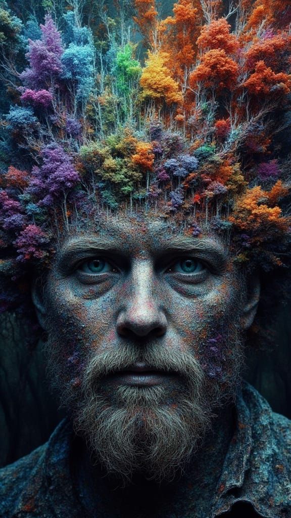 Bioluminescent Tree Canopy Man in Surreal Landscape