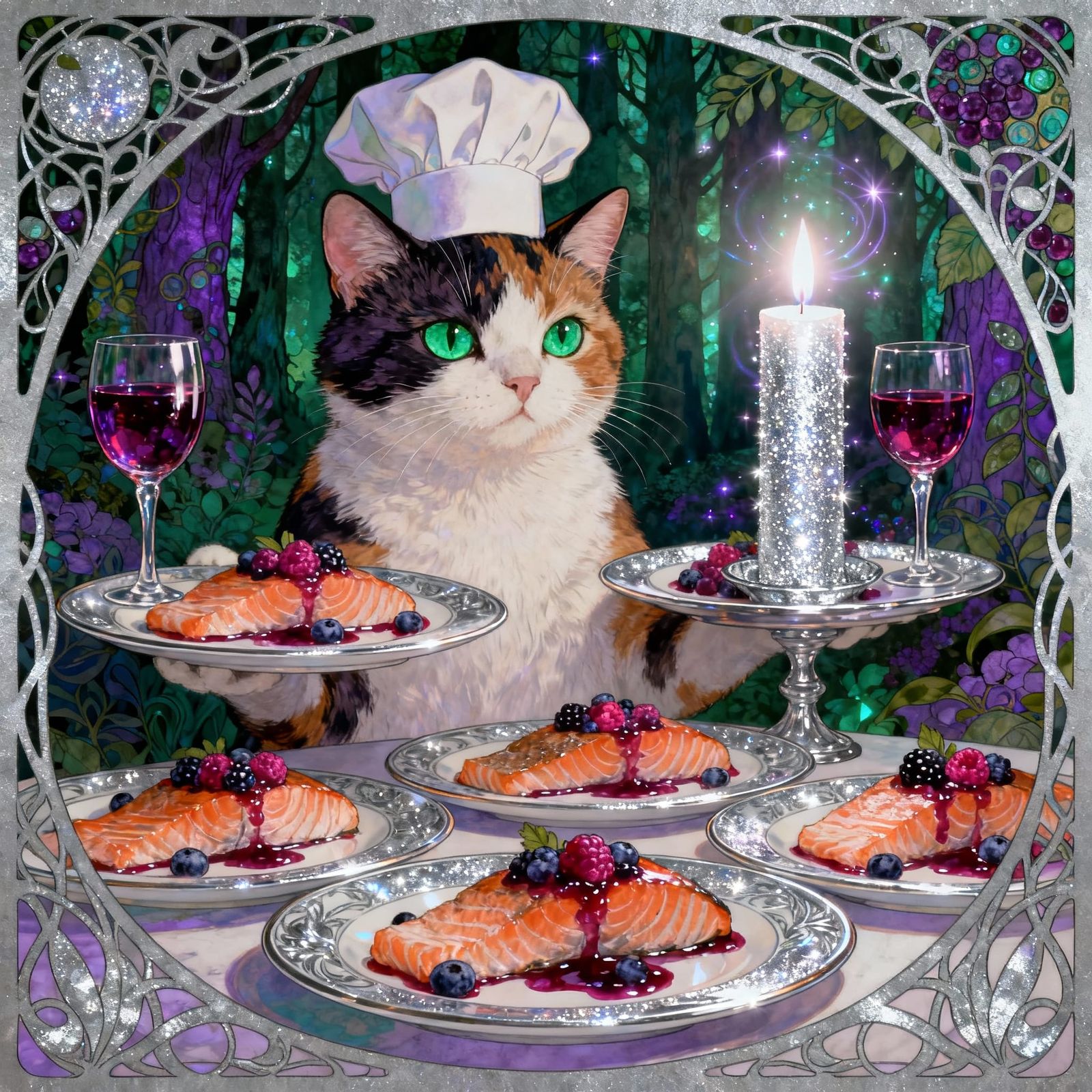 Calico Chef Cat Serves Salmon and Berry Wine in Enchanted Fo...