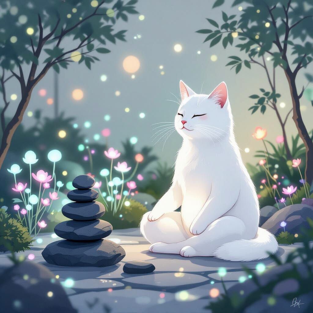 Meditating White Cat in Bioluminescent Garden