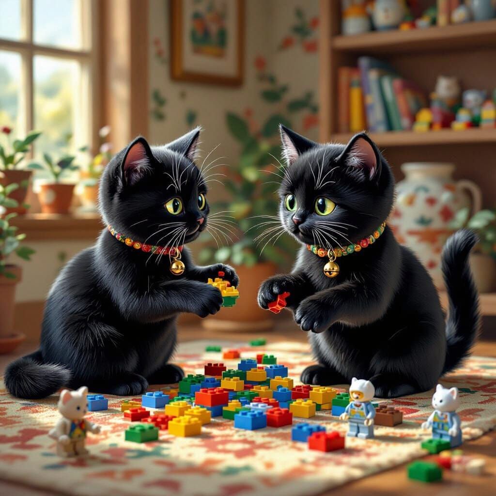 Black Cats Playing Lego, Beatrix Potter Style