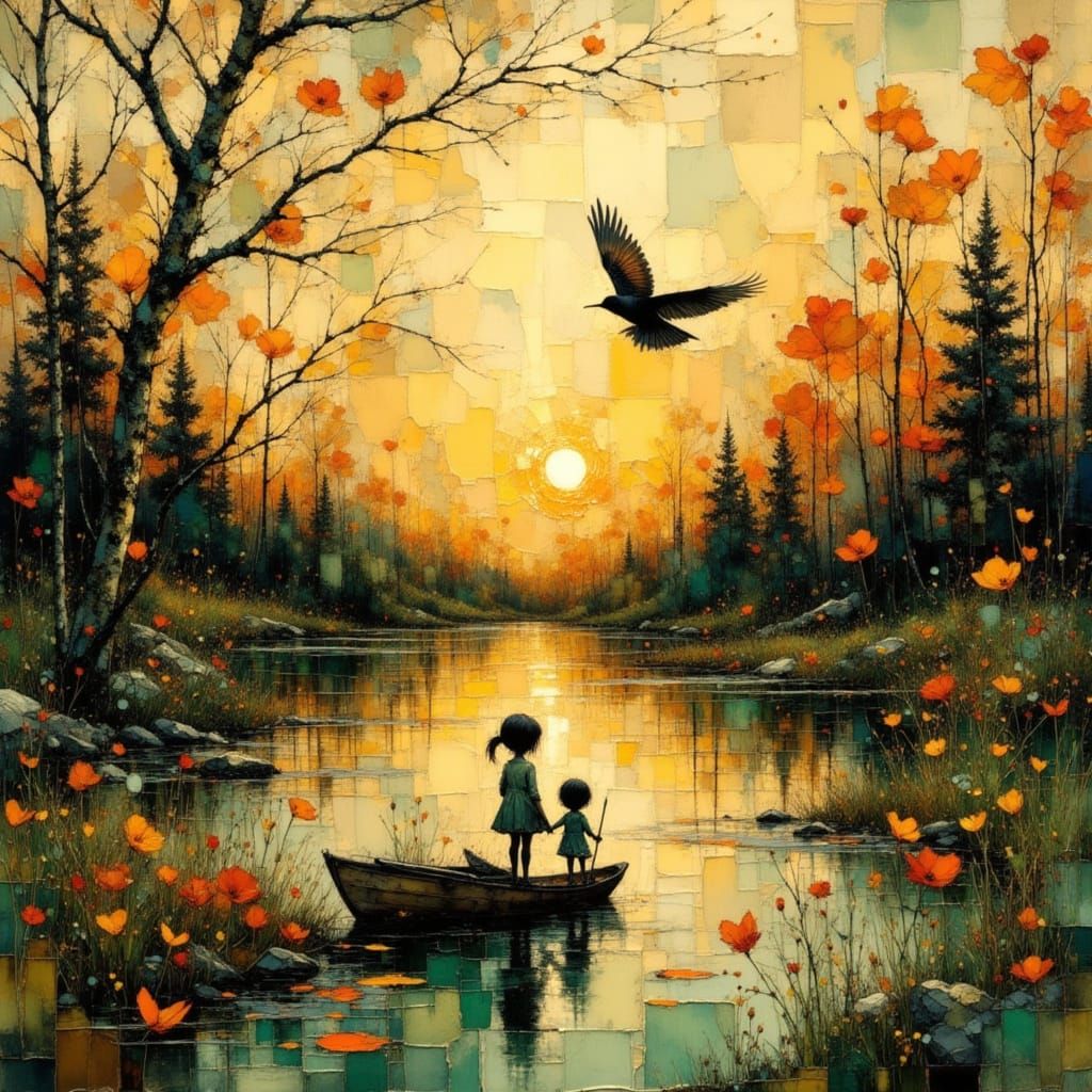 Abstract Art: Gold, Green, Apricot with Grunge Textures