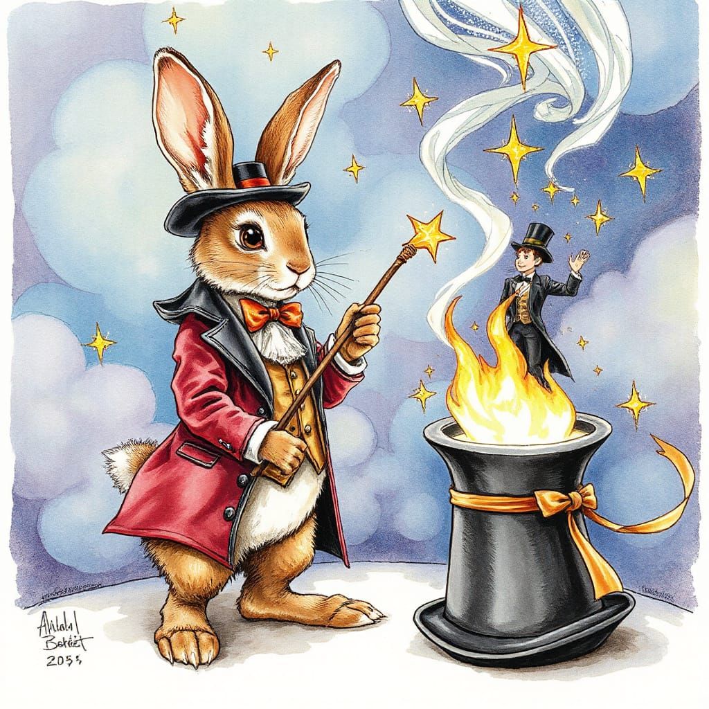 Whimsical Stage Magician Emerges from Top-Hat in Storybook I...