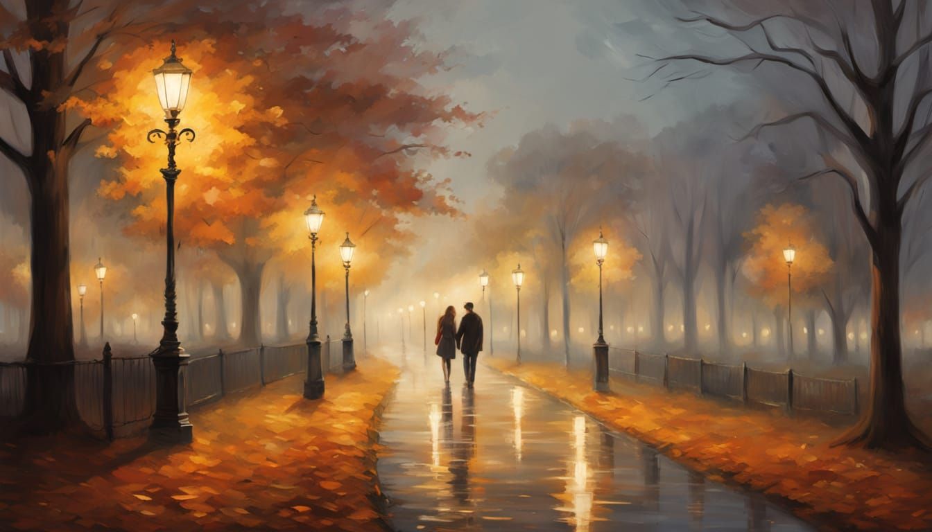 Romantic Impressionist Couple in Autumn Park at Night