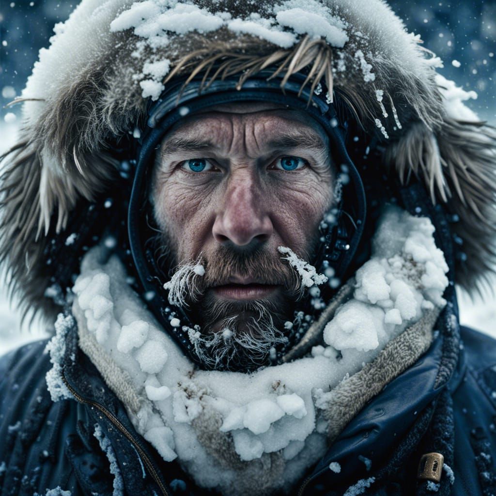 Polar Explorer in Frozen Blizzard, Hyperrealistic Mixed Medi...