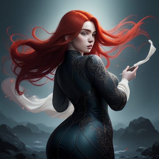 Sultry Redhead Goddess in Dark Artstation-Inspired Splash Ar...