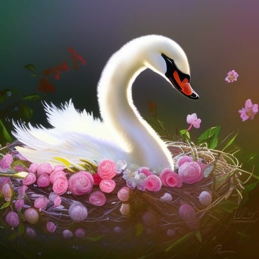 Baby Swan in Floral Nest: Hyperdetailed Concept Art