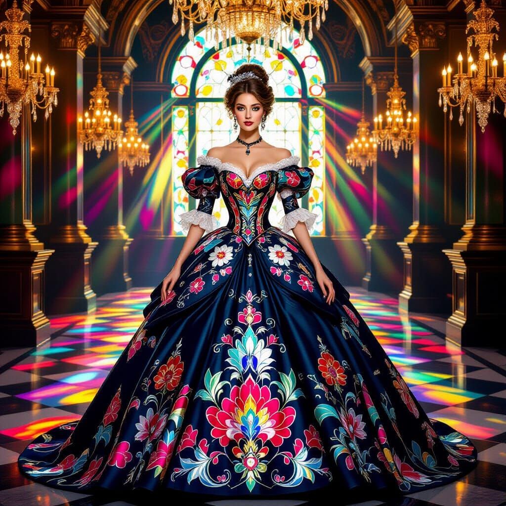 Victorian Lady in Stained Glass Floral Ball Gown
