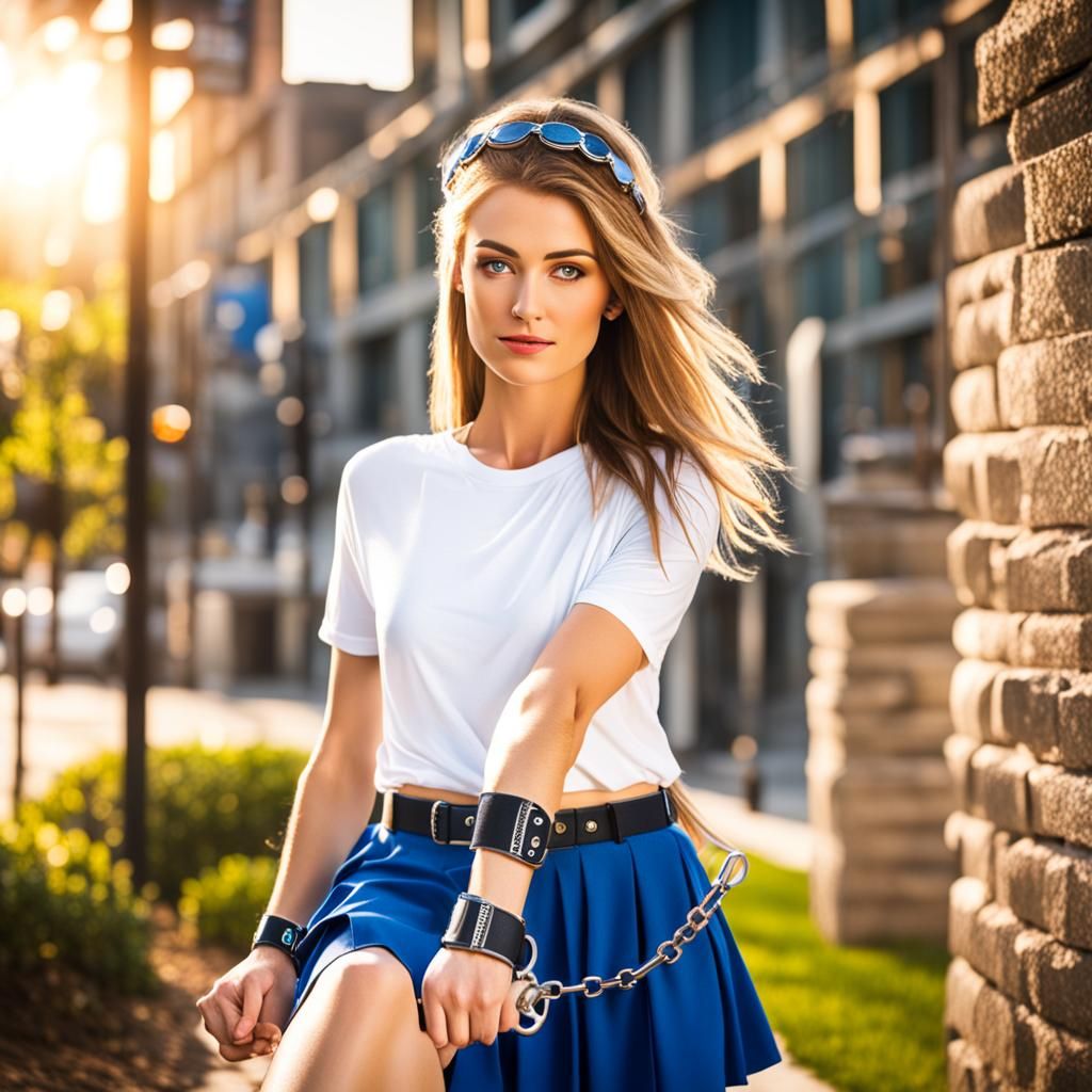A beautiful 16 years old white girl in blue skirt in handcuf...