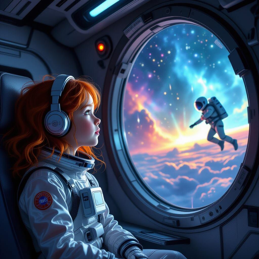 Red-Haired Girl in Spaceship Interior with Nebula View