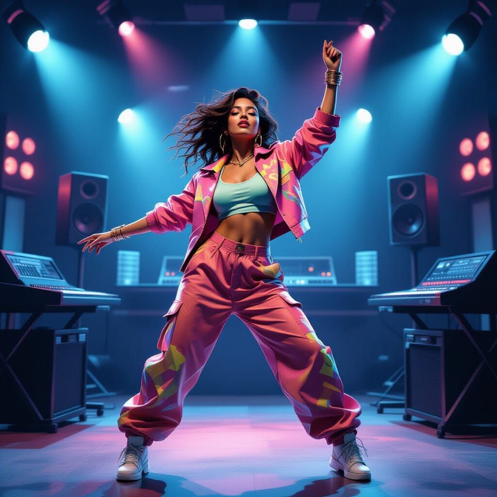 Dynamic Woman Dancing in Music Studio, in Realism Style