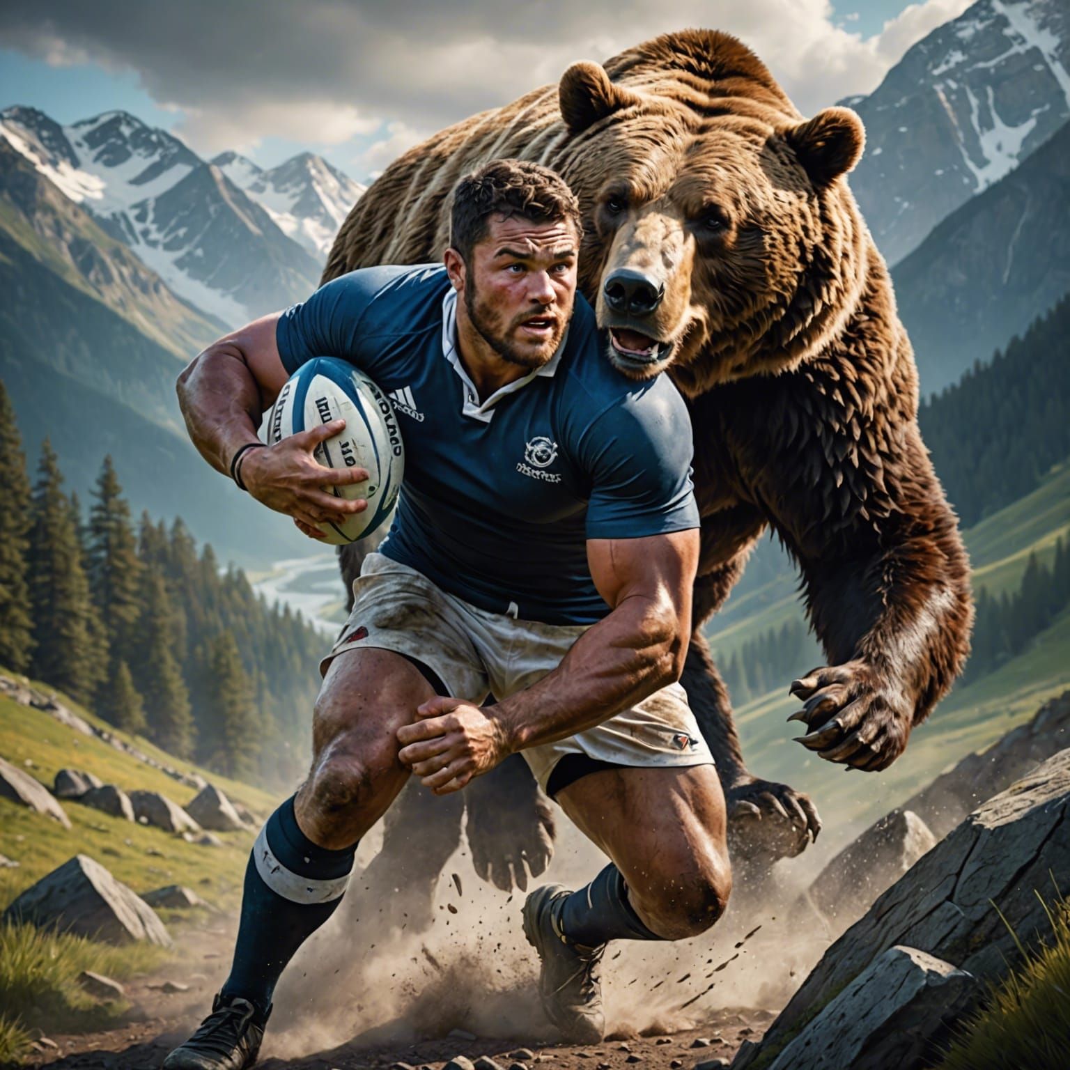 Rugby Player Tackling Bear in Mountain Landscape