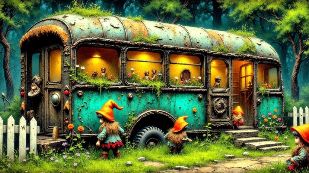 Whimsical Gnome Home School Bus in Enchanted Forest