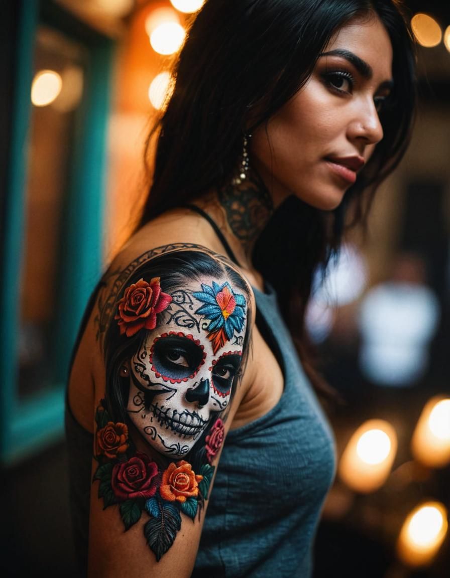 Latina Girl's Dia de los Muertos Embroidery Tattoo