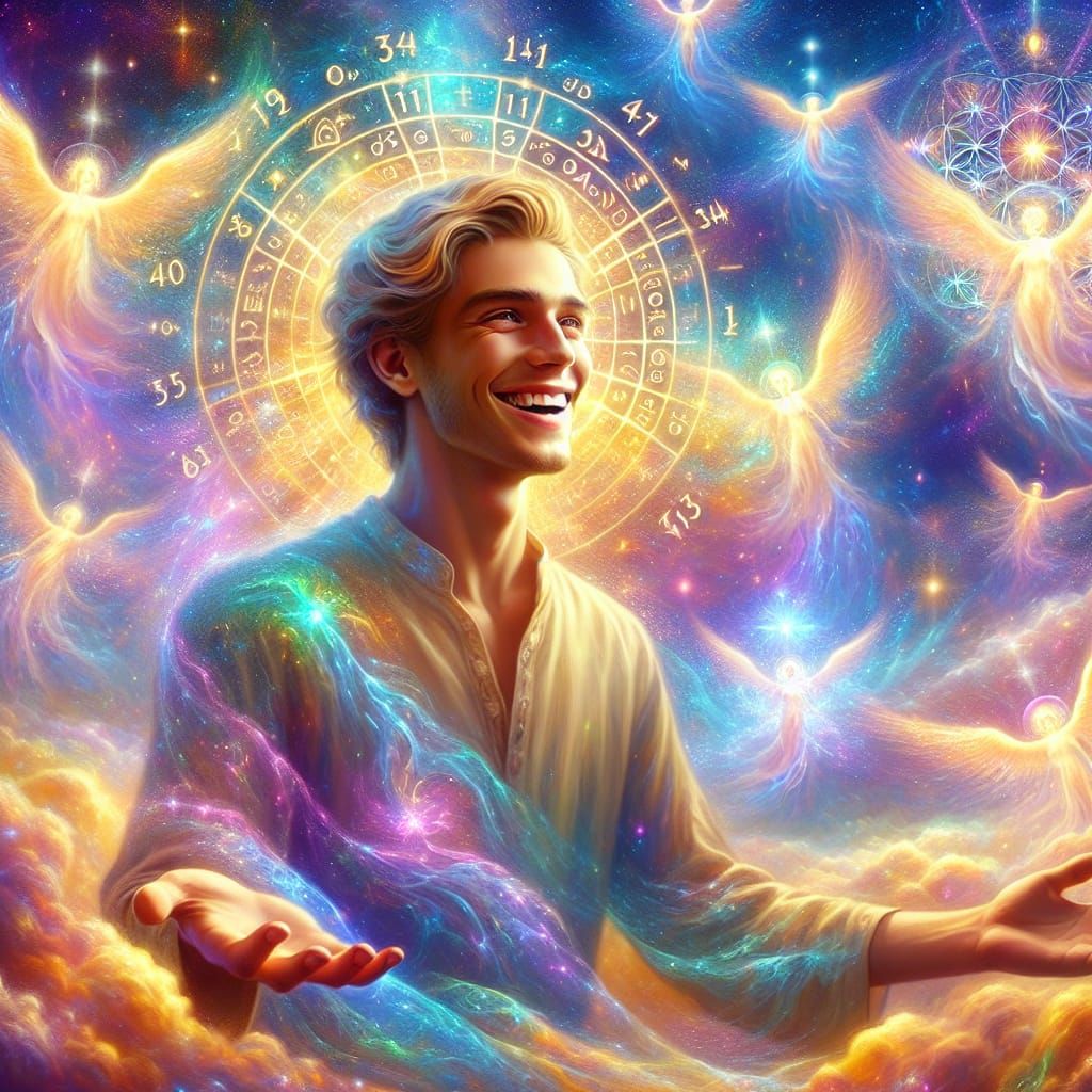 Joyful Mystic Embraced by Celestial Beings in Vibrant Cosmic...