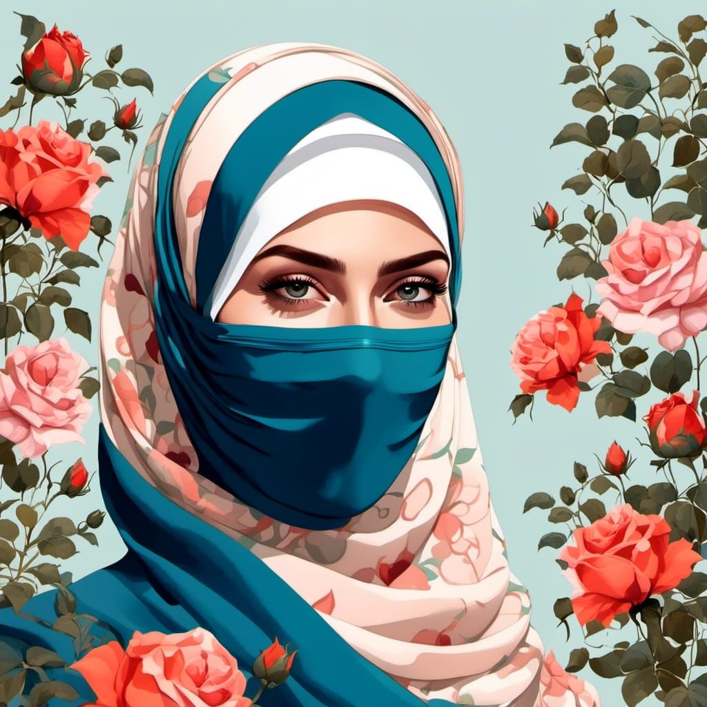 European Hijabi Woman in Botanic Garden, Watercolor Style