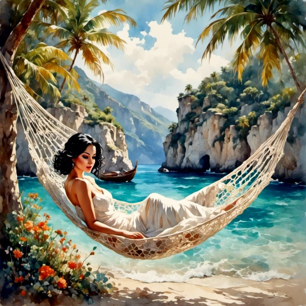 Beautiful Woman Asleep in Hammock: Nostalgic Oil Painting