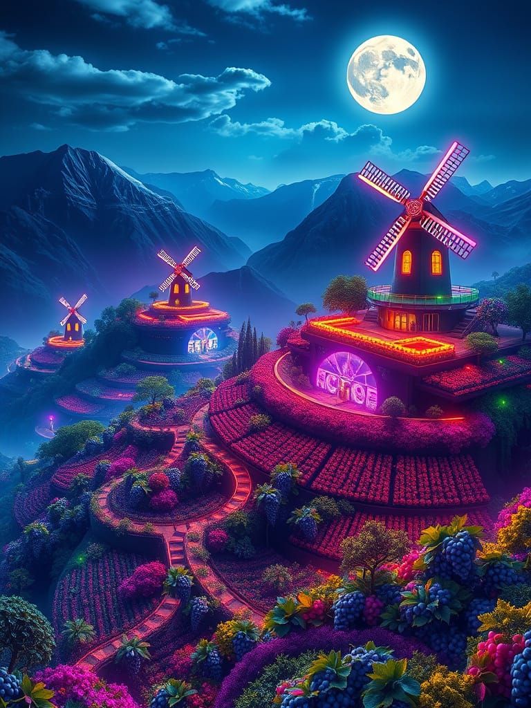 Vibrant Mountain Landscape with Neon-Lit Gardens and Vineyar...