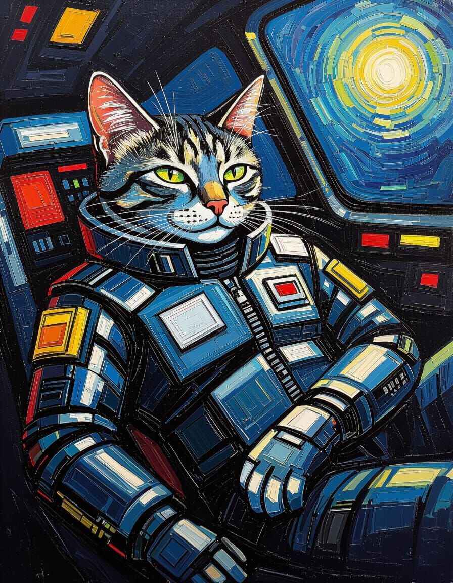 Bionic Cat Lounging in Spaceship, Impasto Oil Painting