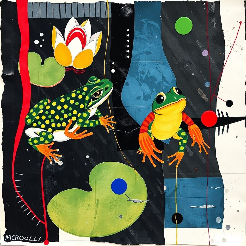Constructivist Abstract Blotting Paper Collage with Frogs an...