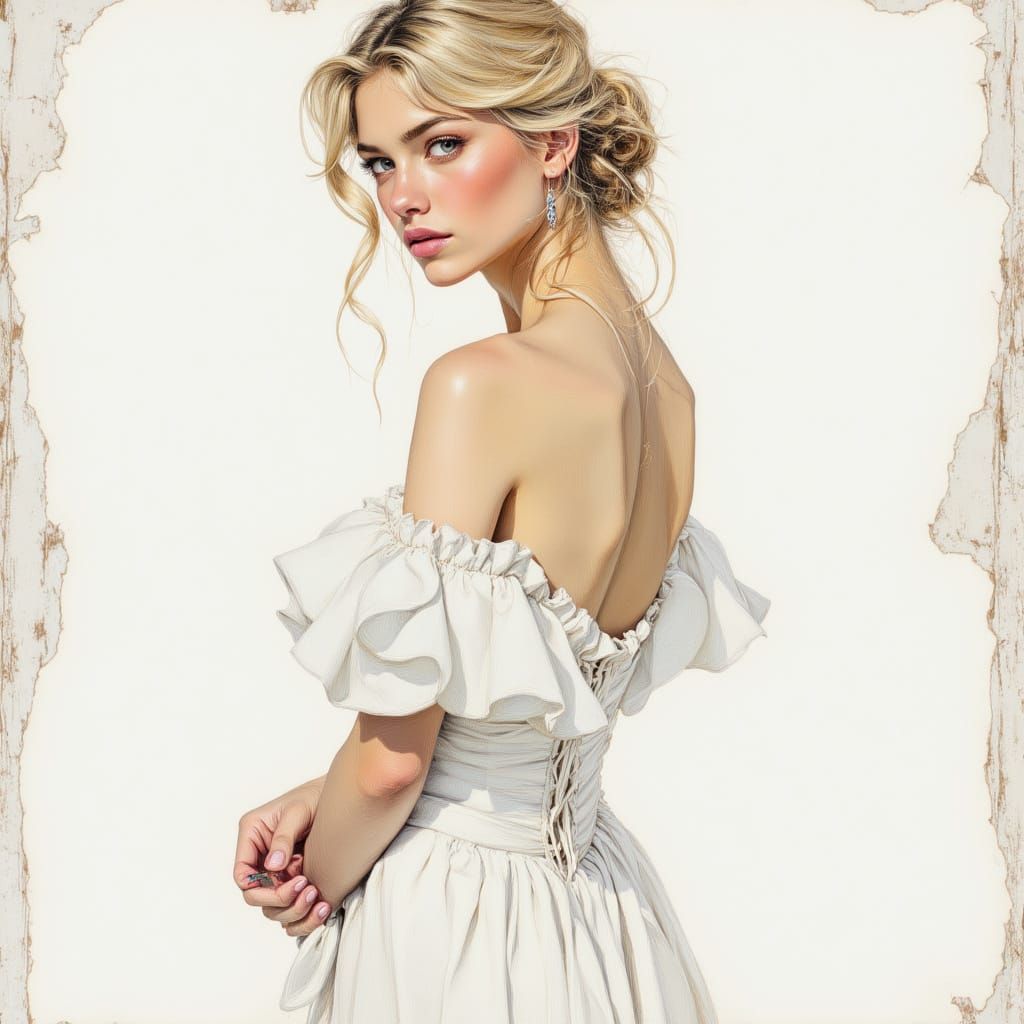 Elegant Blonde in Impasto Oil Painting with Art Nouveau Elem...