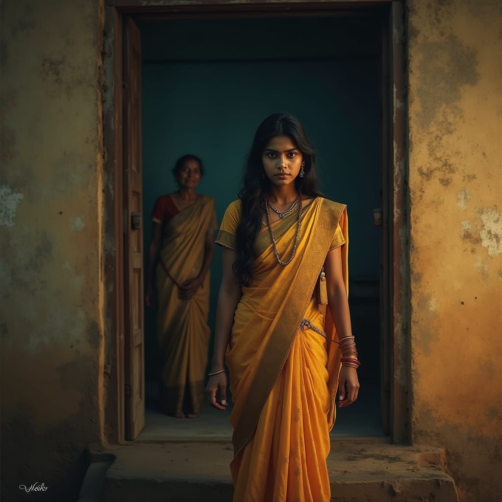 Emotional Indian Woman at Doorstep in Raja Ravi Varma Style