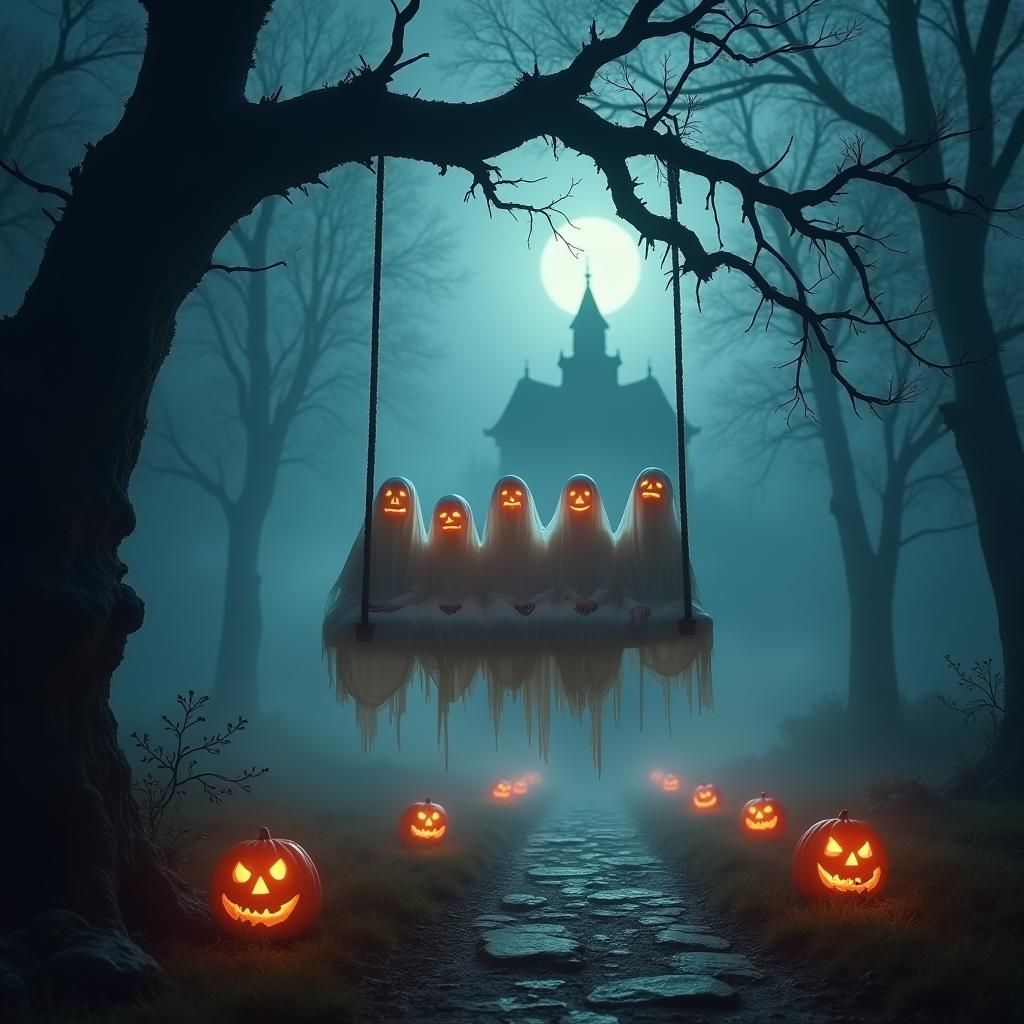 Ethereal Ghosts on a Rope Swing in Foggy Forest