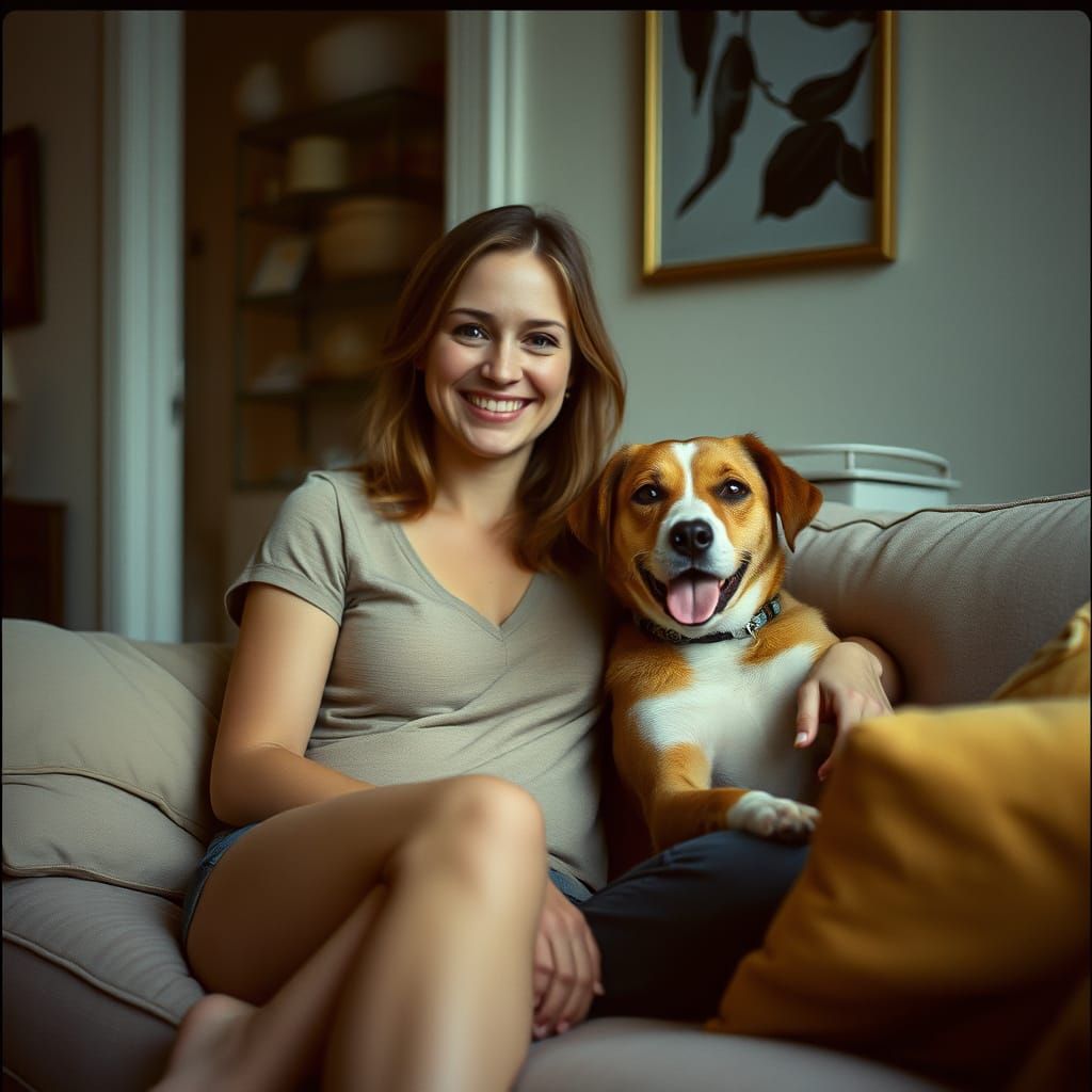 Woman and Dog Share Intimate Moment on Couch in Cinematic Fi...