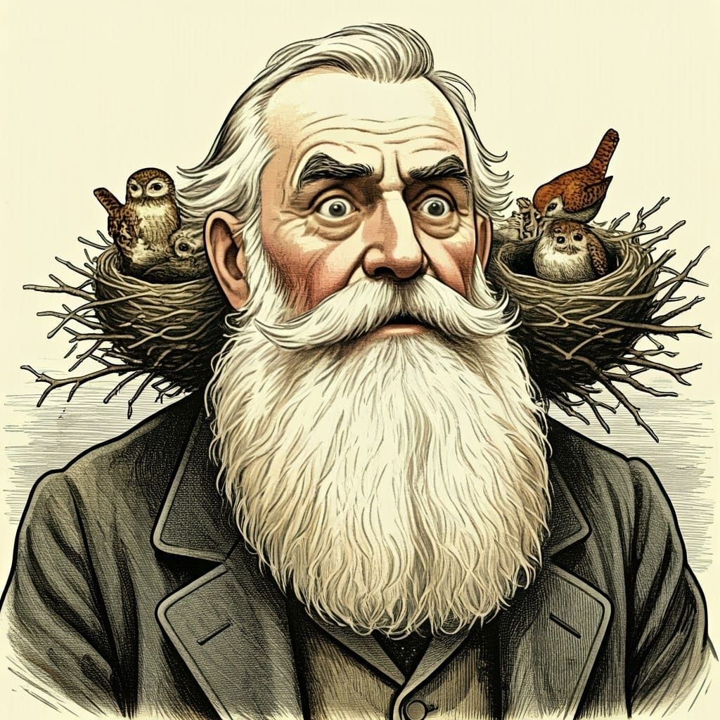 Birds Nesting in Beard, Vintage Illustration