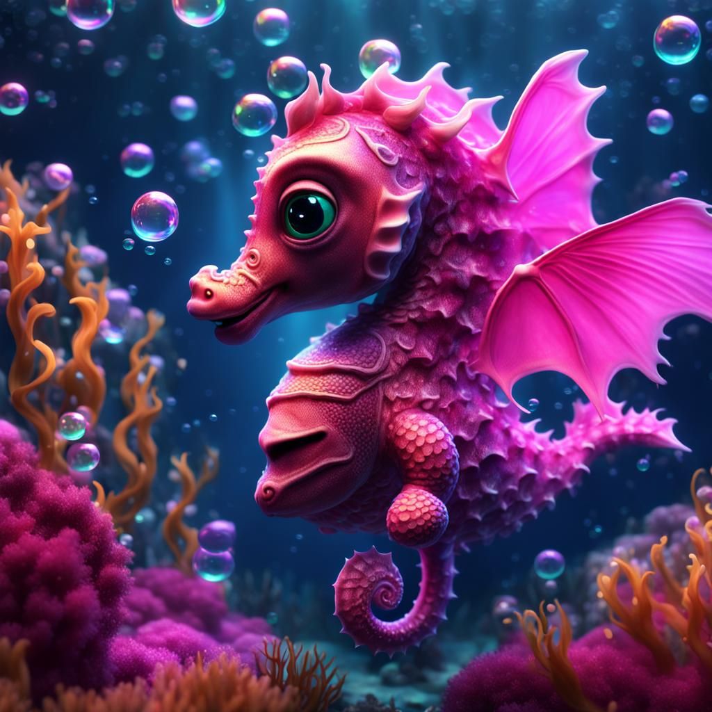Luminous Pink Seahorse with Dragon Wings