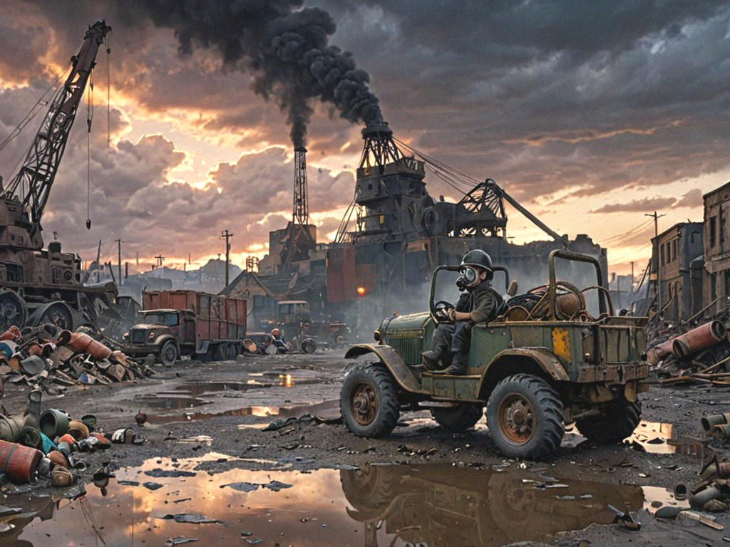 Dieselpunk Port Scene with Boy and Toy Car