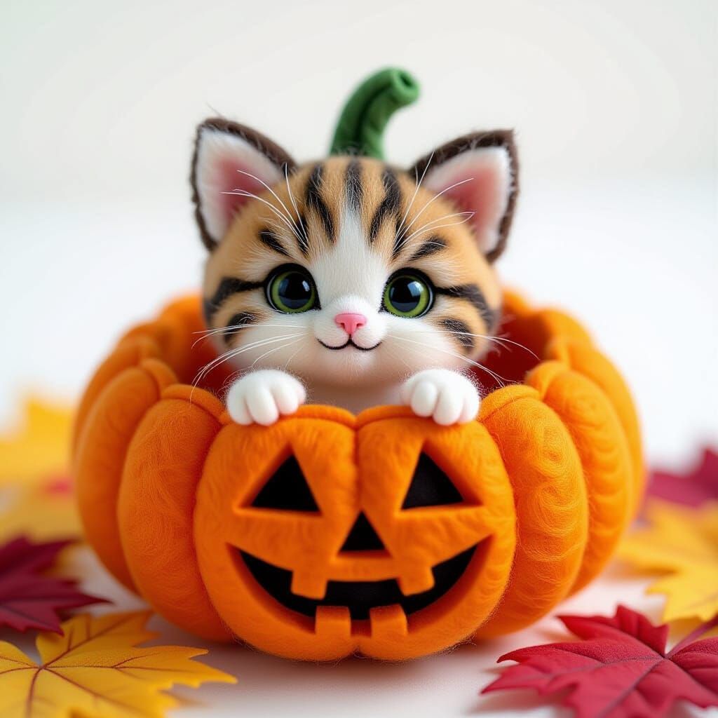 Needle-Felted Kitten Peeking From Pumpkin Diorama