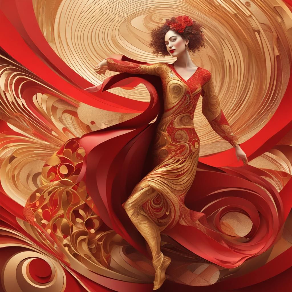 Smiling Dancer in Abstract Red and Gold Style